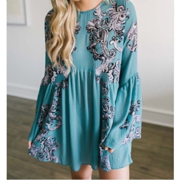 Intimately Free People Symphony Jade Printed Bell Sleeve Slip Dress Sz M - Picture 4 of 9